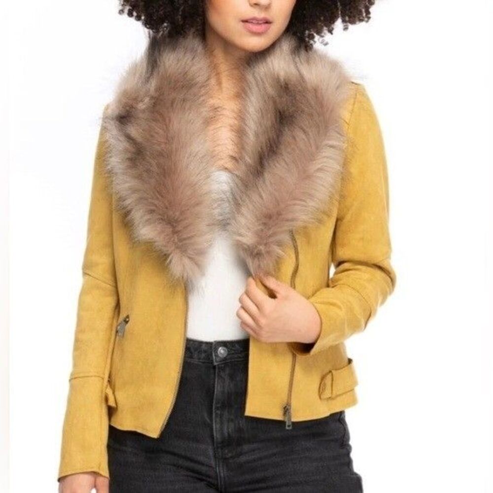 LA Coalition Faux Fur Trim Suede Moto Jacket Yellow Gold 0x